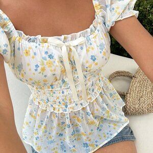 Multicolor Boho Women's Ditsy Floral Chiffon Blouse with Waist Tie